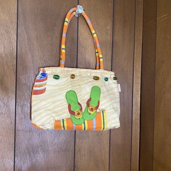 Paul Brent Seaside Canvas Painted Flip Flop Beaded Shoulder Bag‎ Purse Coastal - Picture 1 of 16
